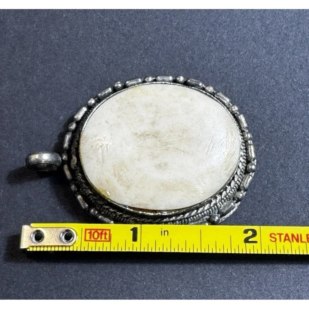Vintage Large Oval White Silver Tone Marble Stone Granite Pendant READ - Picture 3 of 14